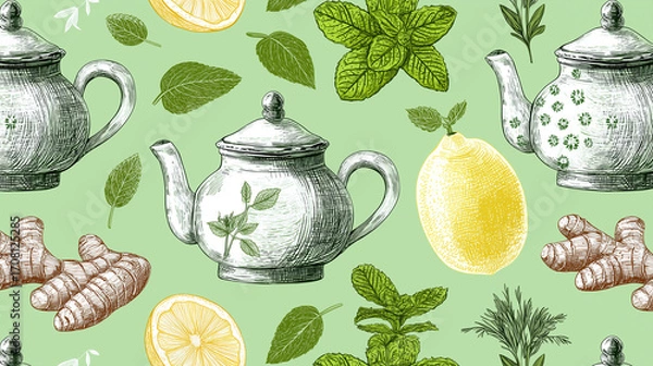 Fototapeta Teapot lemon ginger mint leaf seamless pattern with hand drawn style and fresh herbal elements for natural design and healthy concept