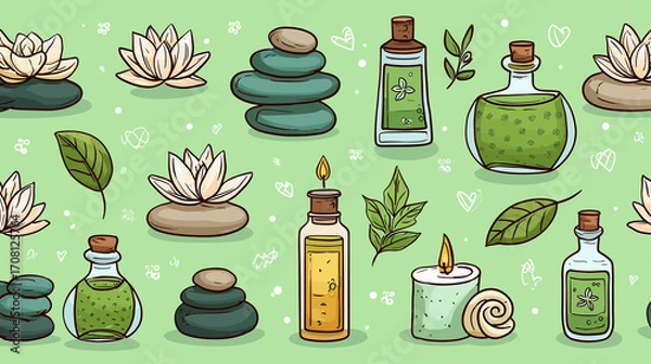 Fototapeta Spa stones lotus flower essential oil bottle green leaves candle seamless pattern relaxation wellness aromatherapy natural elements create calming and peaceful atmosphere this seamless spa design
