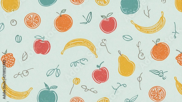 Fototapeta Lineart seamless pattern of colorful fruits including bananas, apples, pears, oranges, and berries with leaves on light background creating cheerful and fresh design