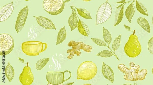 Fototapeta Steaming cups of tea with lemon, ginger, and pear surrounded by leafy herbs in seamless pattern, creating fresh and natural botanical design
