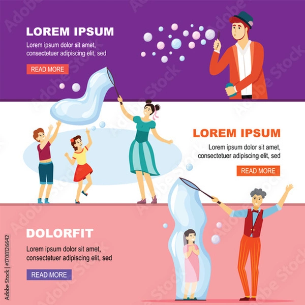 Fototapeta soap bubble show. soap bubbles characters, people having fun air blowers wand. vector cartoon flat banners.