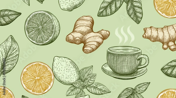 Fototapeta Hand drawn seamless pattern of lemon, ginger, tea cup, and leafy herbs on light green background, creating fresh and warm natural design