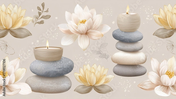 Fototapeta Spa stones and lotus flower seamless pattern with burning candles, creating calm and peaceful atmosphere for relaxation and meditation. Soft beige and cream tones enhance soothing mood
