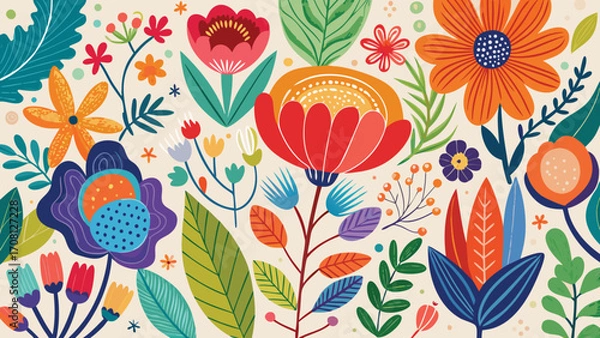 Fototapeta Whimsical floral pattern with colorful flowers and leaves ideal for spring summer background and textile designs vibrant and cheerful