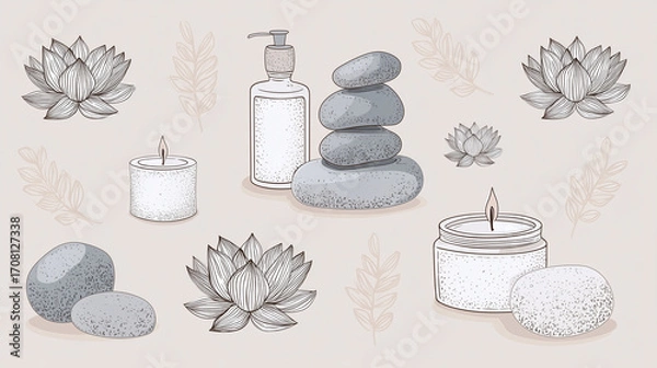 Fototapeta Spa stone lotus candle lotion bottle seamless pattern with calming natural elements and soft neutral colors for relaxation and wellness