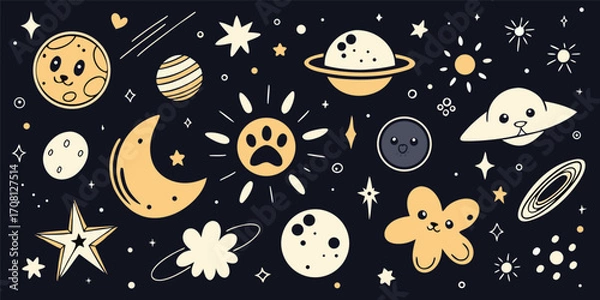 Fototapeta Whimsical space adventure vector featuring planets stars moons and cute cosmic characters against a dark background