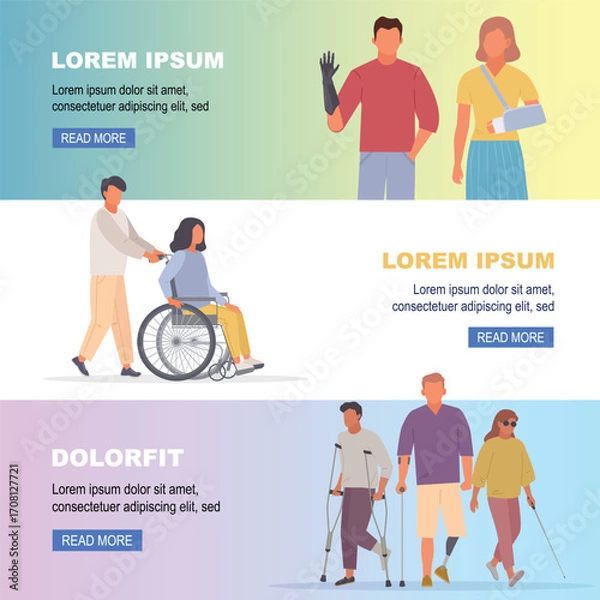 Fototapeta handicapped people banner. characters with disables on wheelchair, bionic leg, prothesis. vector horizontal banners.