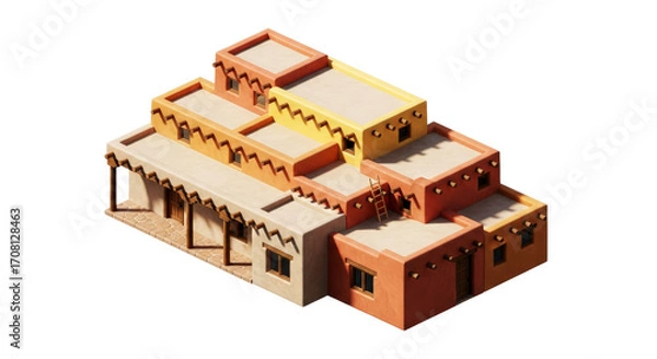 Fototapeta southwest adobe pueblo 3d model of an ancient village, isolated on transparent background