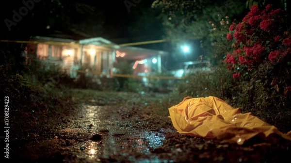 Fototapeta Crime scene investigation at night with illuminated house and yellow covering visible