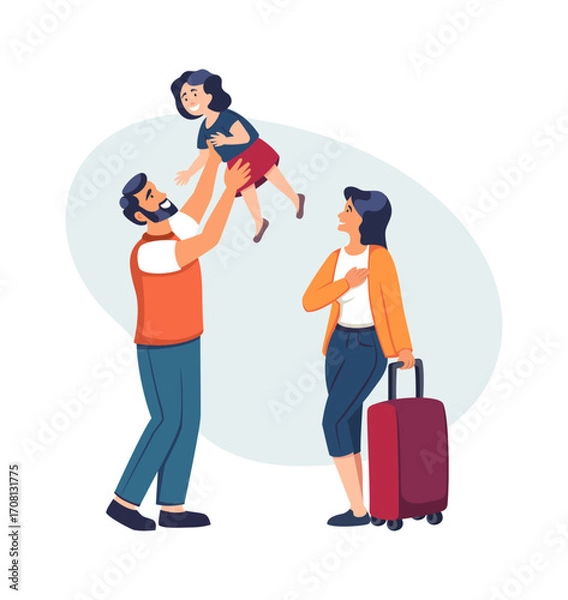 Fototapeta long-awaited meeting. cartoon characters, people return home, end working day, family and romantic relationship. vector cartoon concept illustration.