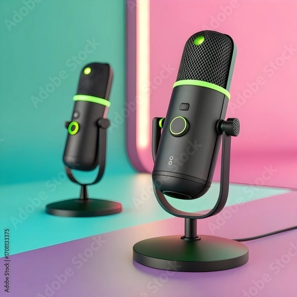 Fototapeta Two sleek black microphones with green accents stand against a vibrant colorful studio backdrop