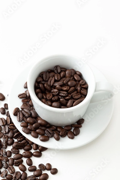 Fototapeta コーヒー豆とコーヒーカップ　白バック