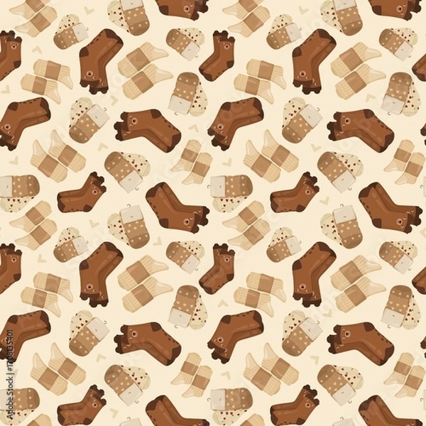 Fototapeta Seamless pattern with cozy socks in warm tones. Great for wrapping paper, textile prints, wallpapers, seasonal branding, and festive stationery.