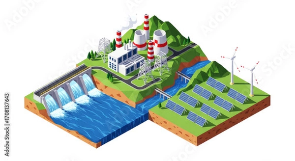 Fototapeta sustainable energy complex isometric 3d model of green power generation, isolated on transparent background