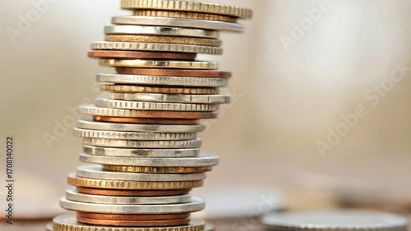 Fototapeta Unstable stack of coin represents risk and growth in business finance. Rebuilding an economy requires solid investment plan and stable flow of money