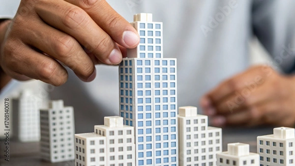Fototapeta Man hand carefully rebuilding city model shows business growth and development. This focused act of building represents future architectural success and corporate ambition