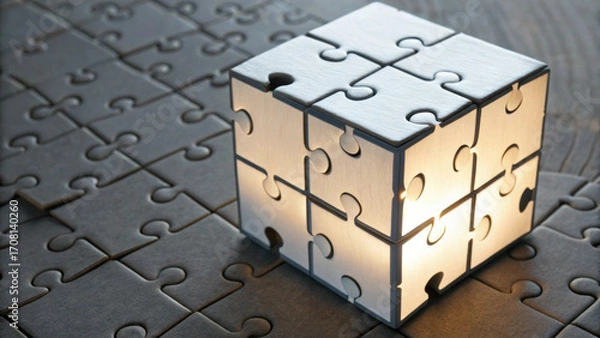 Fototapeta Glowing puzzle cube solution for business rebuilding and problem solving. An inspirational connection of strategy teamwork and innovation for successful idea