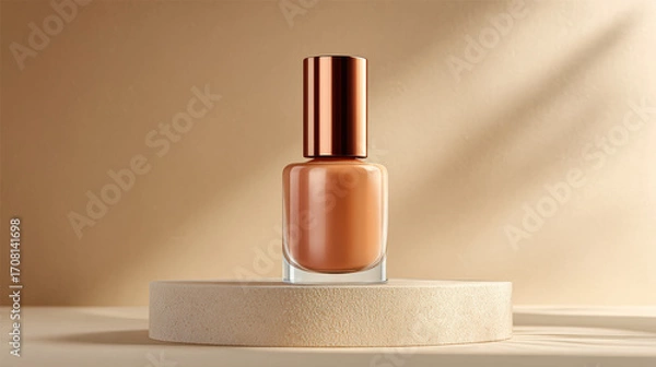 Fototapeta Stylish nail polish bottle with sleek design sits round stone pedestal against warm beige background, showcasing its elegant color and modern aesthetic. soft lighting enhances product appeal