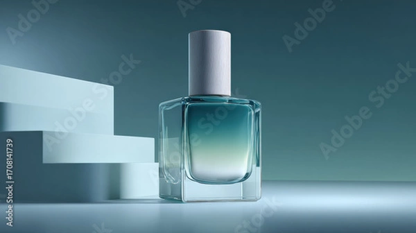 Fototapeta Aqua to near white gradient glass bottle with sleek design, showcasing elegance and sophistication. soft lighting enhances tranquil atmosphere, perfect for luxury fragrance