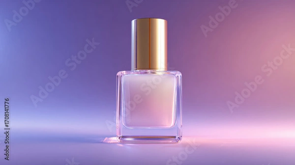 Fototapeta Elegant view of glass bottle with golden cap, showcasing soft gradient background in shades of purple and pink. design exudes sophistication and charm, perfect for beauty products