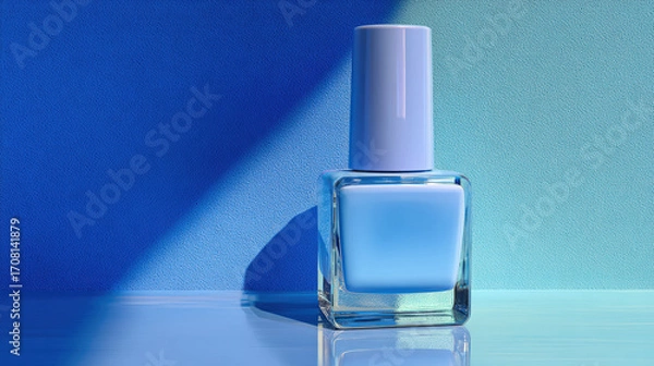 Fototapeta Chic blue nail polish bottle stands against gradient background of lilac to sky blue, showcasing its glossy finish and modern design. vibrant colors create fresh and inviting atmosphere
