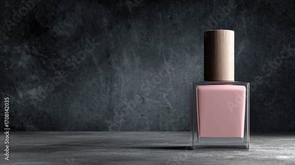 Fototapeta Dusty rose matte nail polish bottle stands elegantly on dark chalkboard like surface, showcasing its sleek design and soft color. minimalist aesthetic evokes sense of sophistication and style