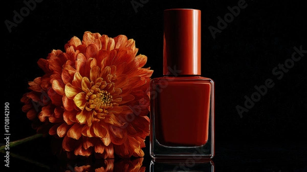 Fototapeta Vibrant orange flower complements sleek red nail polish bottle, creating striking visual contrast. combination evokes feelings of beauty and elegance, perfect for beauty enthusiasts