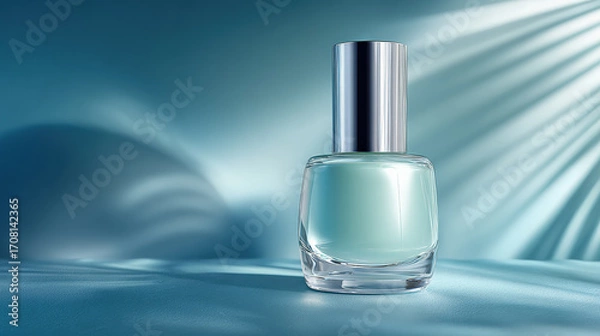 Fototapeta Sleek glass nail polish bottle with silver cap sits elegantly against soft blue background, showcasing calming mint green shade. gentle light creates serene atmosphere, enhancing product appeal