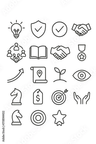 Fototapeta Innovation and Integrity icons in minimalistic line art style: idea bulb, ethical shield, verified check, respect hands, diversity circle, open book,