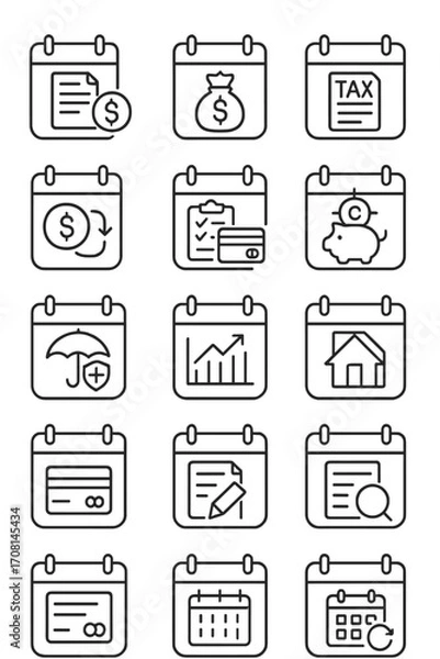 Fototapeta Finance Calendar icons in minimalistic line art style: bill due date, salary reminder, tax deadline, invoice date, loan repayment, budget review,