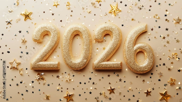 Fototapeta Golden numbers 2026 and sparkling confetti stars on a beige background. New Year's composition.