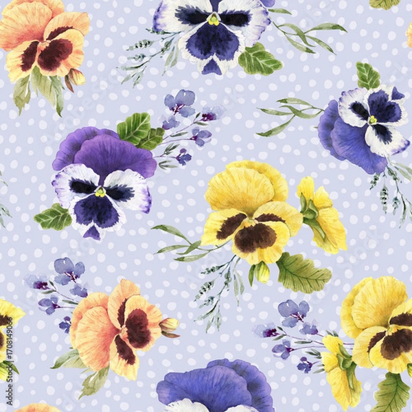 Fototapeta Seamless pattern with watercolor violet flowers on a blue background hand painted. Suitable for textiles, wallpapers