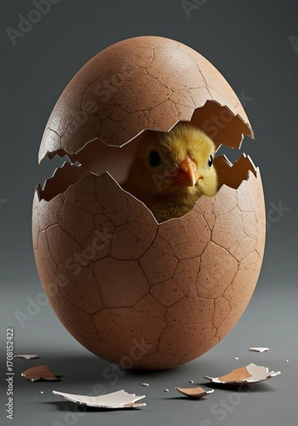 Fototapeta Cute Yellow Chick Hatching From Broken Brown Egg on Gray Surface