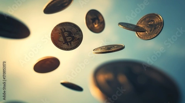 Fototapeta exchange. An abstract representation of financial growth with floating coins and upward arrows on a gradient background. pitch deck slides.