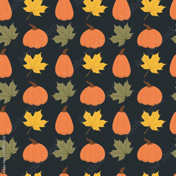 Fototapeta Seamless autumn pattern with pumpkins and maple leaves. Seamless pattern for textile, wrapping paper. Vector illustration	