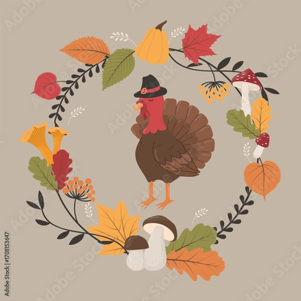 Fototapeta Thanksgiving card with turkey. Fallen leaves, mushrooms and pumpkins lying in a circle. Vector illustration