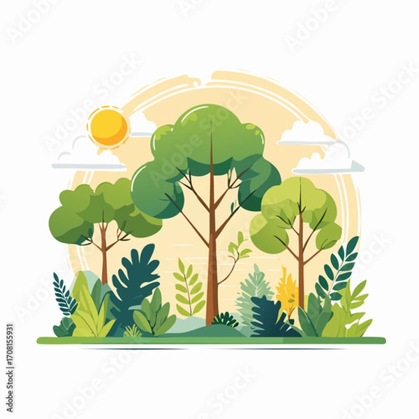 Fototapeta Sunny Day in Lush Green Forest Illustration