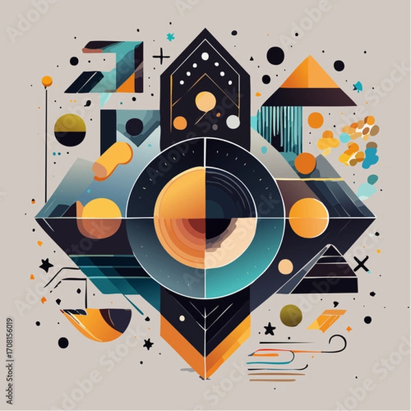 Fototapeta Abstract Geometric Composition with Teal Orange and Black