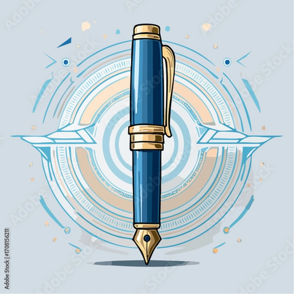 Fototapeta Blue And Gold Fountain Pen with Abstract Circular Design
