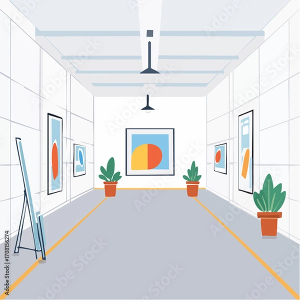 Fototapeta Modern Art Gallery Interior with Abstract Paintings and Plants