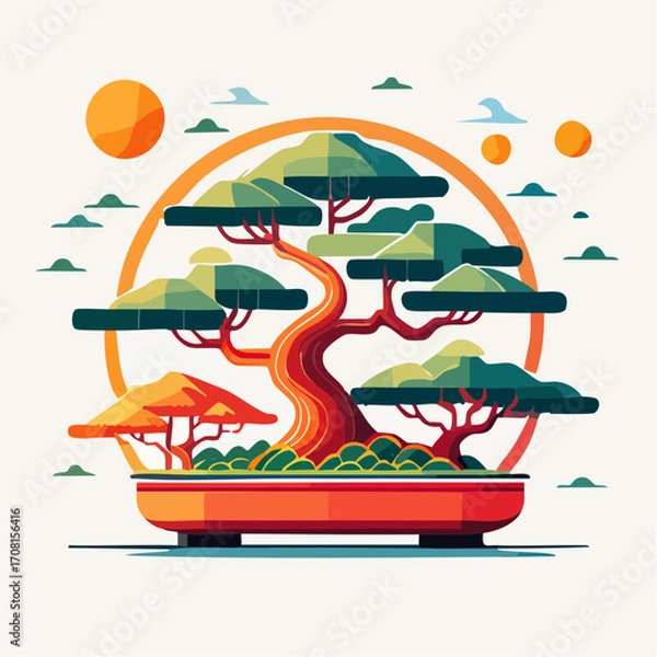 Fototapeta Pixel Art Bonsai Tree in Orange Pot with Sun and Clouds