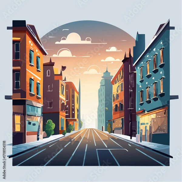 Fototapeta City Street at Sunset Pixel Art Illustration