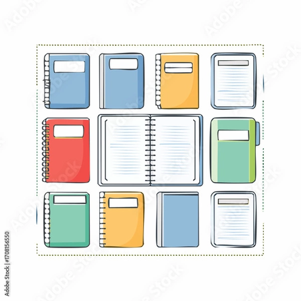 Fototapeta Colorful Notebooks and Journals Arranged in Grid Pattern
