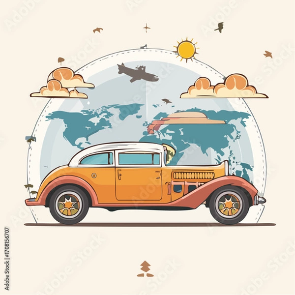 Fototapeta Vintage Orange Classic Car World Travel Illustration