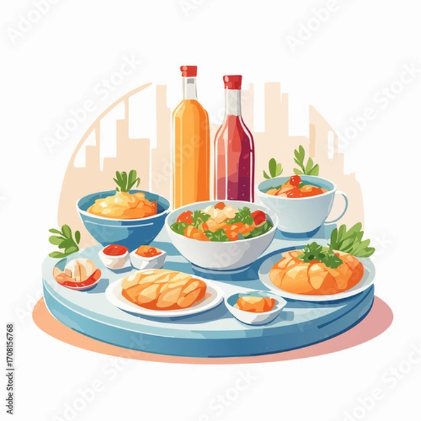 Fototapeta Assortment of Dishes on a Round Tabletop with Bottles