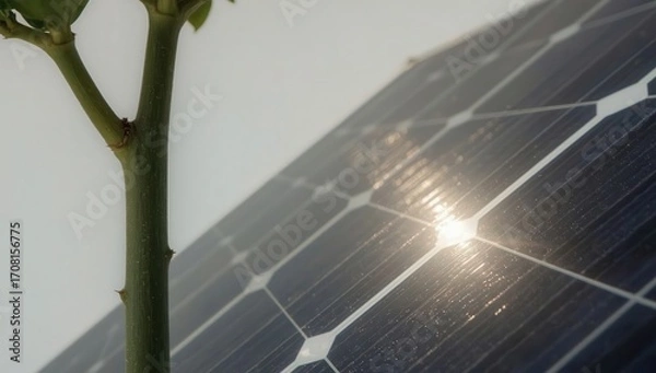 Fototapeta Renewable synergy: A tender plant stem juxtaposed with a gleaming solar panel harnesses the sun's energy.