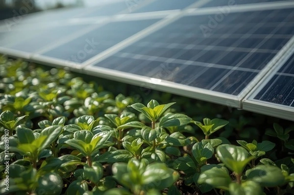 Fototapeta Solar panels stand behind field with lush green foliage, capturing sunlight and generating energy.