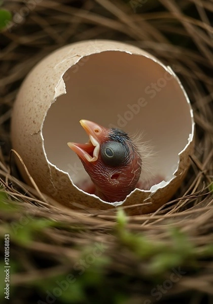 Fototapeta Newborn Bird Hatching from Speckled Eggshell in Nest