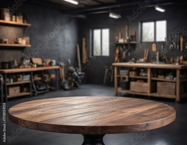 Fototapeta Carpentry workshop, clean empty round wooden table, dark background