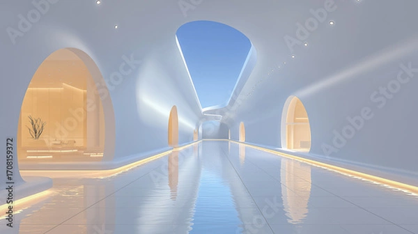 Fototapeta Modern futuristic hallway with arched design elements